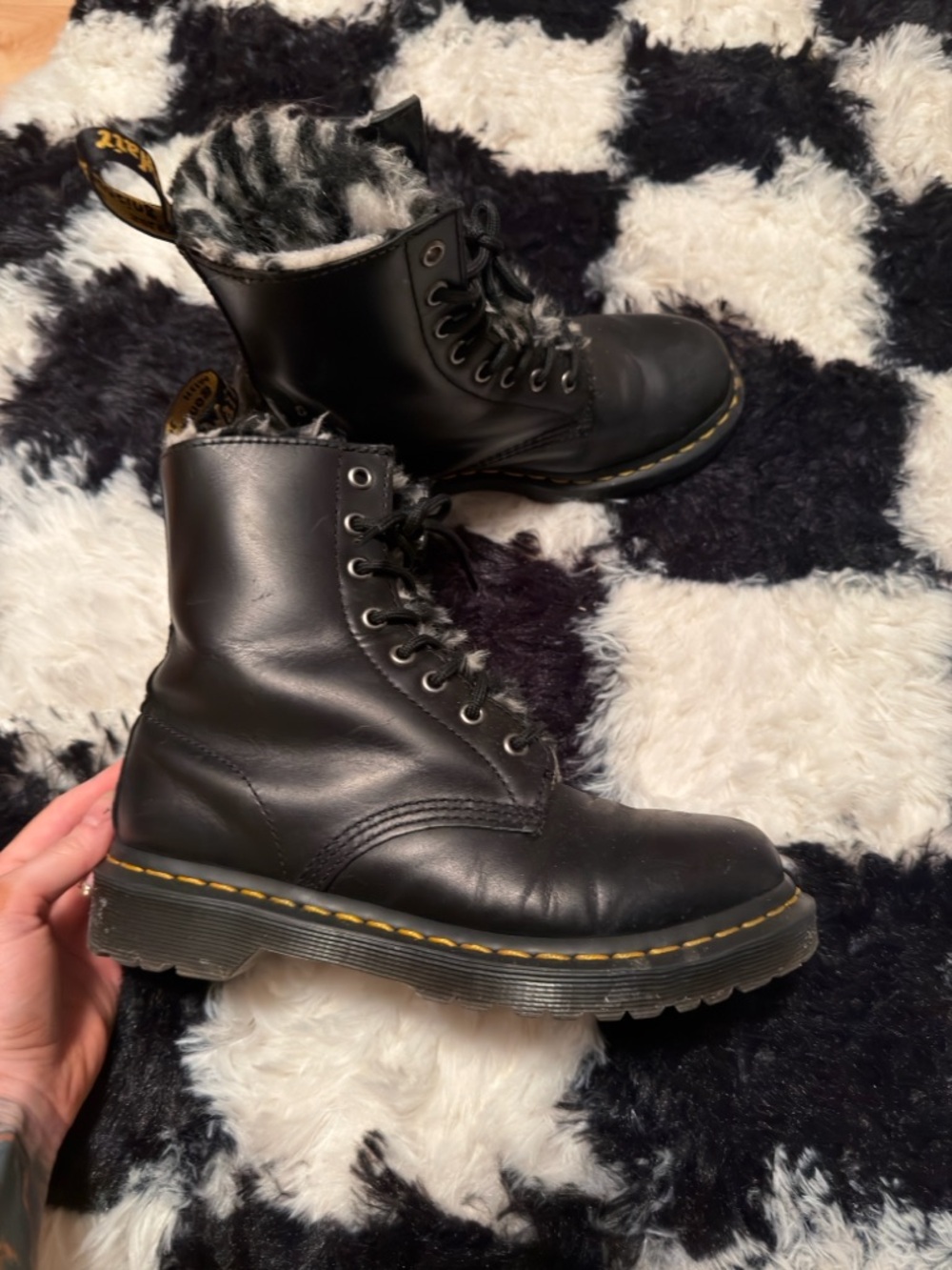 Dr. Martens Black Leather Lace-Up Boots with Shearling Collar